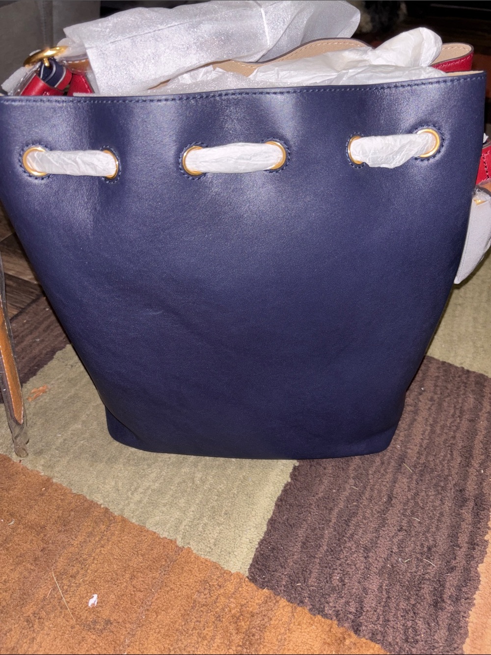 Tory Burch Red and Blue Drawstring Bucket Bag - Picture 3 of 10